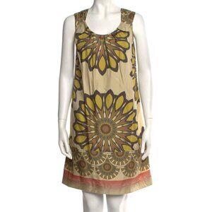 VINCE Golden Gold Mustard Mandala Sunflower Floral 100% SILK Boho Shift Dress M